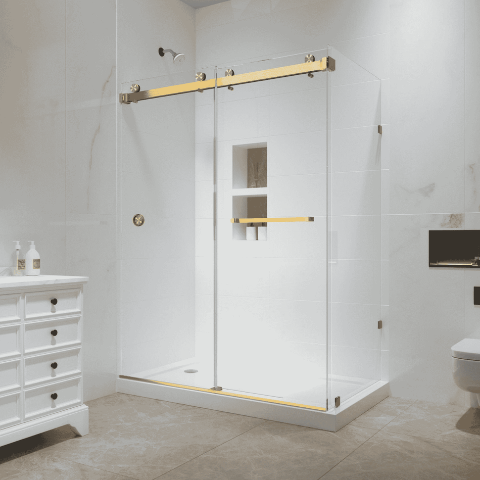 Canada X Frameless Bypass Sliding Shower Enclosure with Side Fixed Panel, 3/8 in. Tempered Glass and Multiple Hardware Finish Options