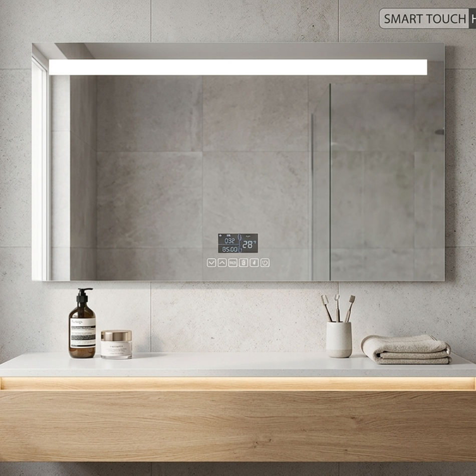 Aaron 48 in. W x 28 in. H Backlit LED Bathroom Mirror with Bluetooth, Clock and Temperature Display