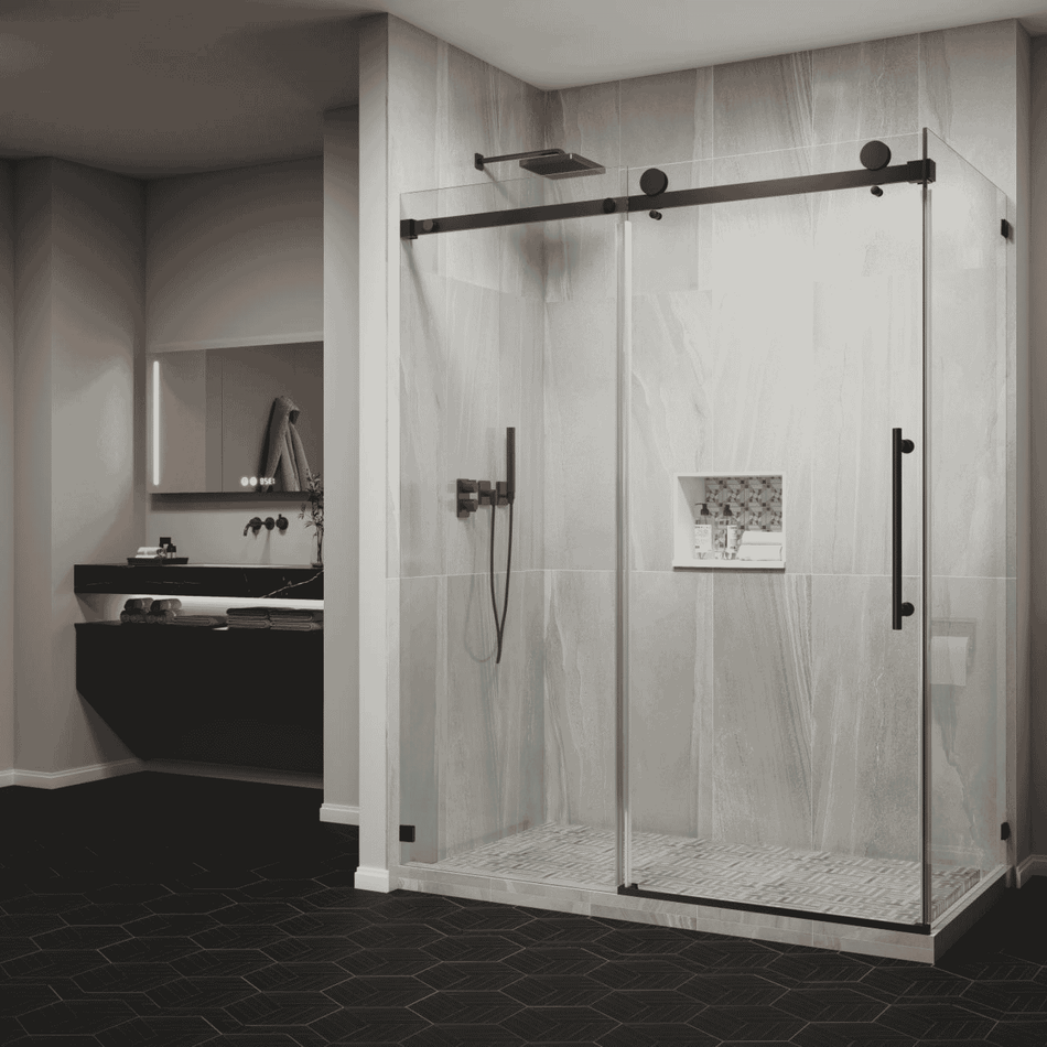 Germany X Frameless Sliding Shower Enclosure with Side Fixed Panel with 3/8 in. Tempered Glass and Multiple Hardware Finish Options