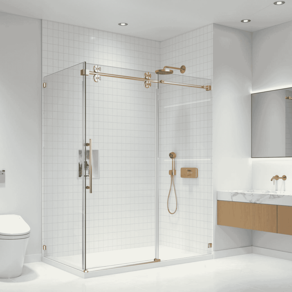 Italy X Frameless Sliding Shower Enclosure with Side Fixed Panel with 3/8 in. Tempered Glass and Multiple Hardware Finish Options