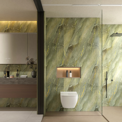 Golden Onyx 96.06 in. x 39.37 in. Waterproof PVC Shower Wall Panel with Grout-Free Easy-Clean Surface