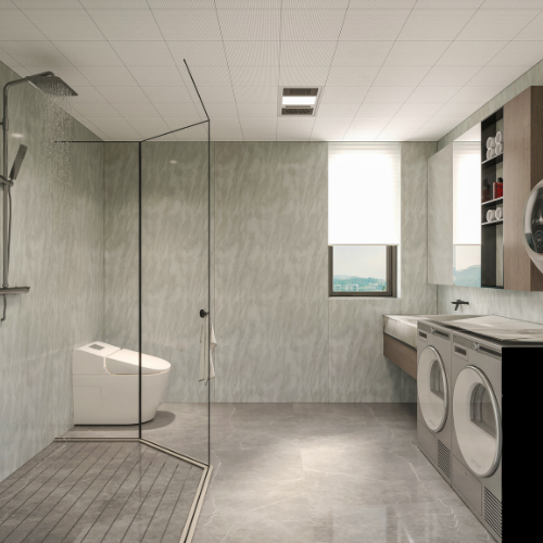 Light Grey Marble 96.06 in. x 39.37 in. Waterproof PVC Shower Wall Panel with Grout-Free Easy-Clean Surface