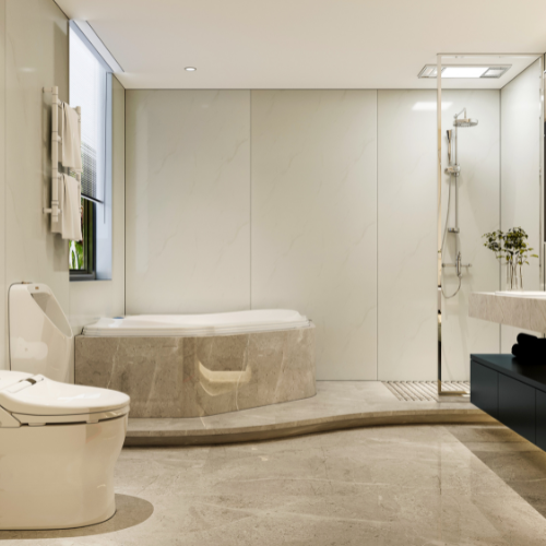 Subtle Carrera Marble 96.06 in. x 39.37 in. Waterproof PVC Shower Wall Panel with Grout-Free Easy-Clean Surface