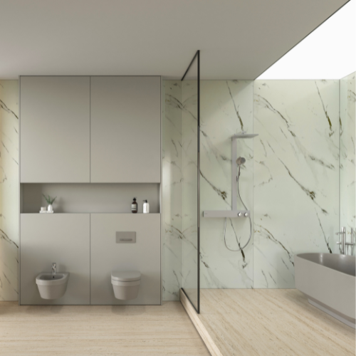 Golden Marble 96.06 in. x 39.37 in. Waterproof PVC Shower Wall Panel with Grout-Free Easy-Clean Surface
