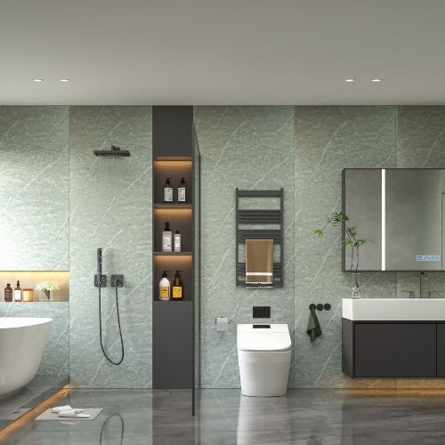 Grey Quartz 96.06 in. x 39.37 in. Waterproof PVC Shower Wall Panel with Grout-Free Easy-Clean Surface