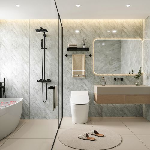 Grey Marble 96.06 in. x 39.37 in. Waterproof PVC Shower Wall Panel with Grout-Free Easy-Clean Surface