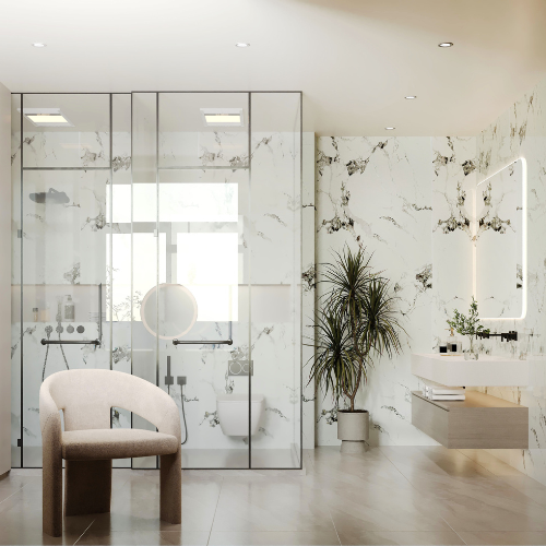 Celestial Marble 96.06 in. x 39.37 in. Waterproof PVC Shower Wall Panel with Grout-Free Easy-Clean Surface